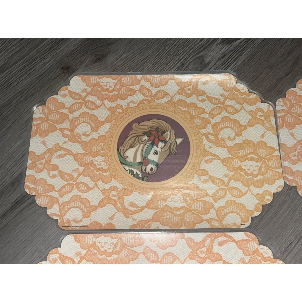 Vintage Reversible Set Of 4 Placemats W/ Carousel Horse Vinyl Made In‎ The USA